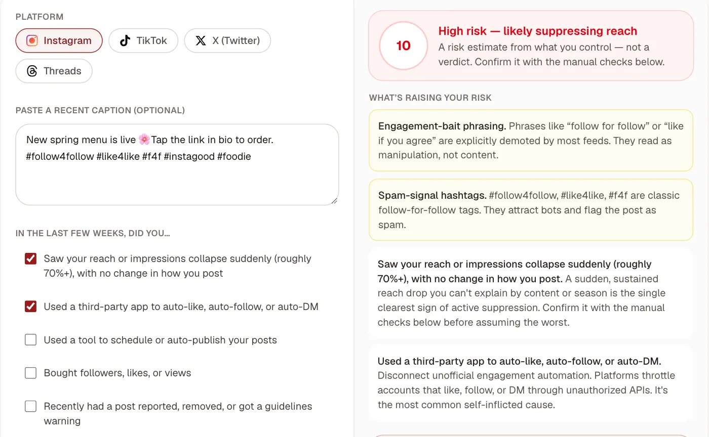 The Kadenzo shadowban risk self-check for Instagram, with a caption using follow4follow, like4like and f4f hashtags and two ticked behaviours, scoring High risk and listing what is raising it: engagement-bait phrasing, spam-signal hashtags, a sudden reach collapse and a third-party auto-follow app.
