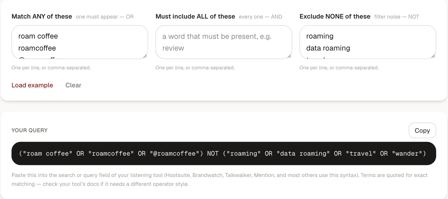 The Kadenzo Boolean query generator with roam coffee, roamcoffee and @roamcoffee in the match-any list and roaming, data roaming, travel and wander in the exclude list, producing a quoted OR group followed by a NOT group.