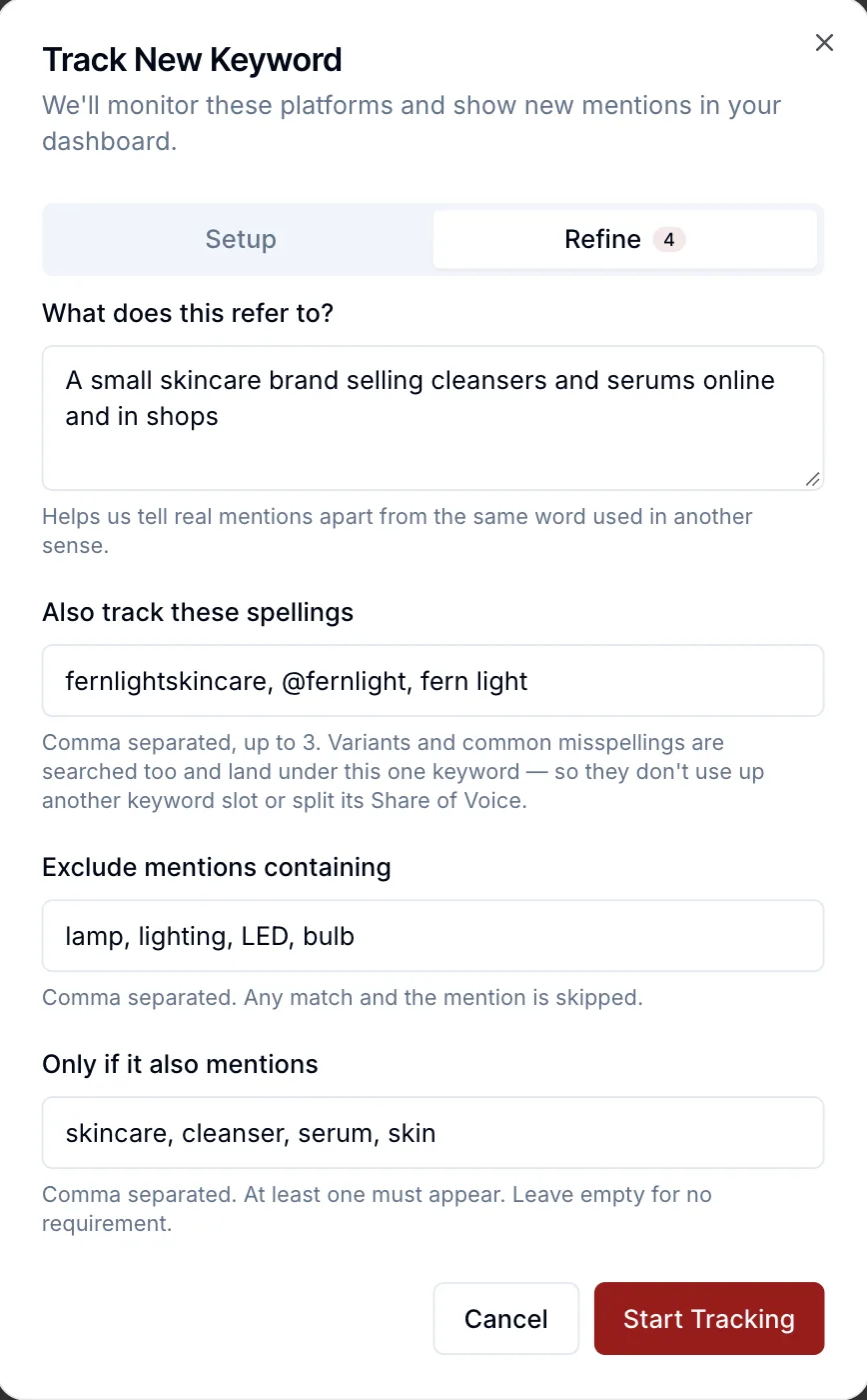 Kadenzo's Track New Keyword dialog on the Refine step for the keyword fernlight: described as a small skincare brand selling cleansers and serums online and in shops, with extra spellings fernlightskincare, @fernlight and fern light, exclusions lamp, lighting, LED and bulb, and a requirement that the mention also includes skincare, cleanser, serum or skin.