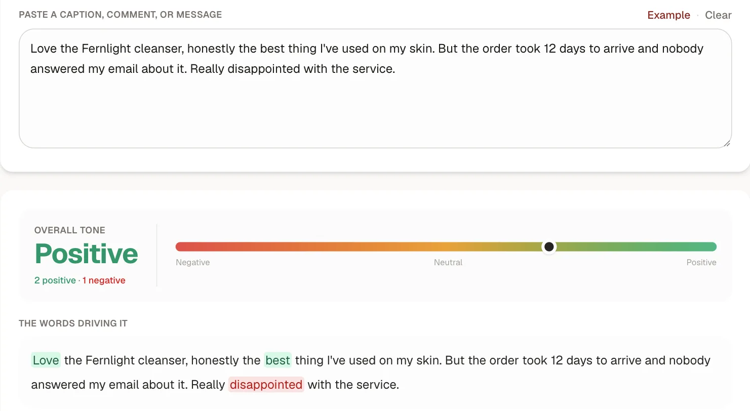 Kadenzo's free sentiment analyzer reading a review that says: Love the Fernlight cleanser, honestly the best thing I've used on my skin. But the order took 12 days to arrive and nobody answered my email about it. Really disappointed with the service. The overall tone is Positive, with love and best highlighted as positive and disappointed as negative.
