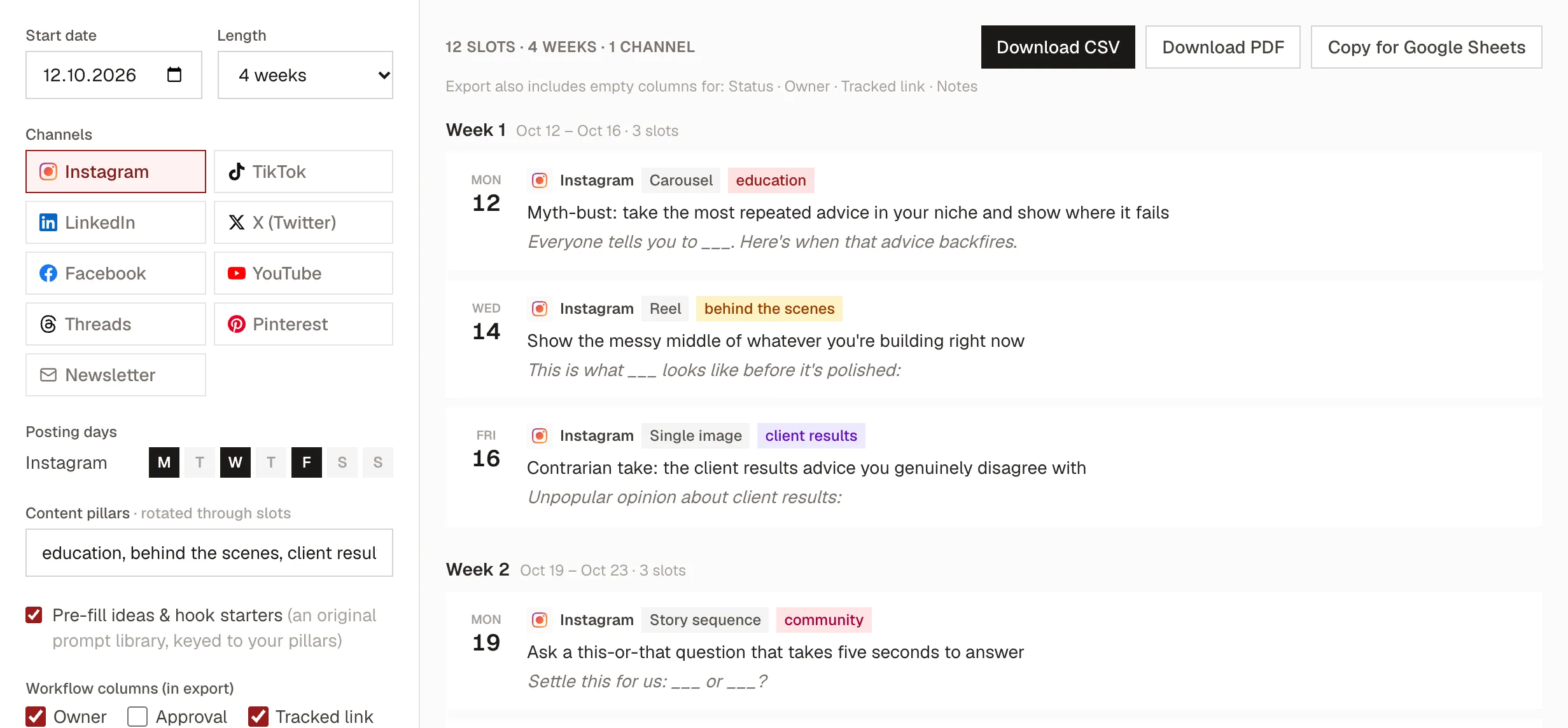 The Kadenzo content calendar template with four content pillars (education, behind the scenes, client results, community) rotating through dated Instagram slots, each slot with a format, an idea and a hook starter.
