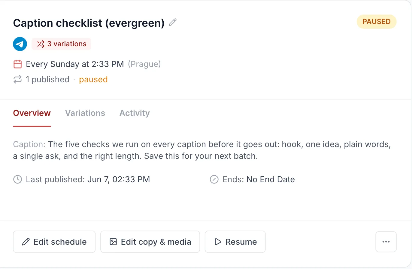 A recurring post in Kadenzo titled Caption checklist (evergreen), set to post every Sunday at 2:33 PM with three caption variations, shown as paused, with buttons to edit the schedule, edit copy and media, or resume.