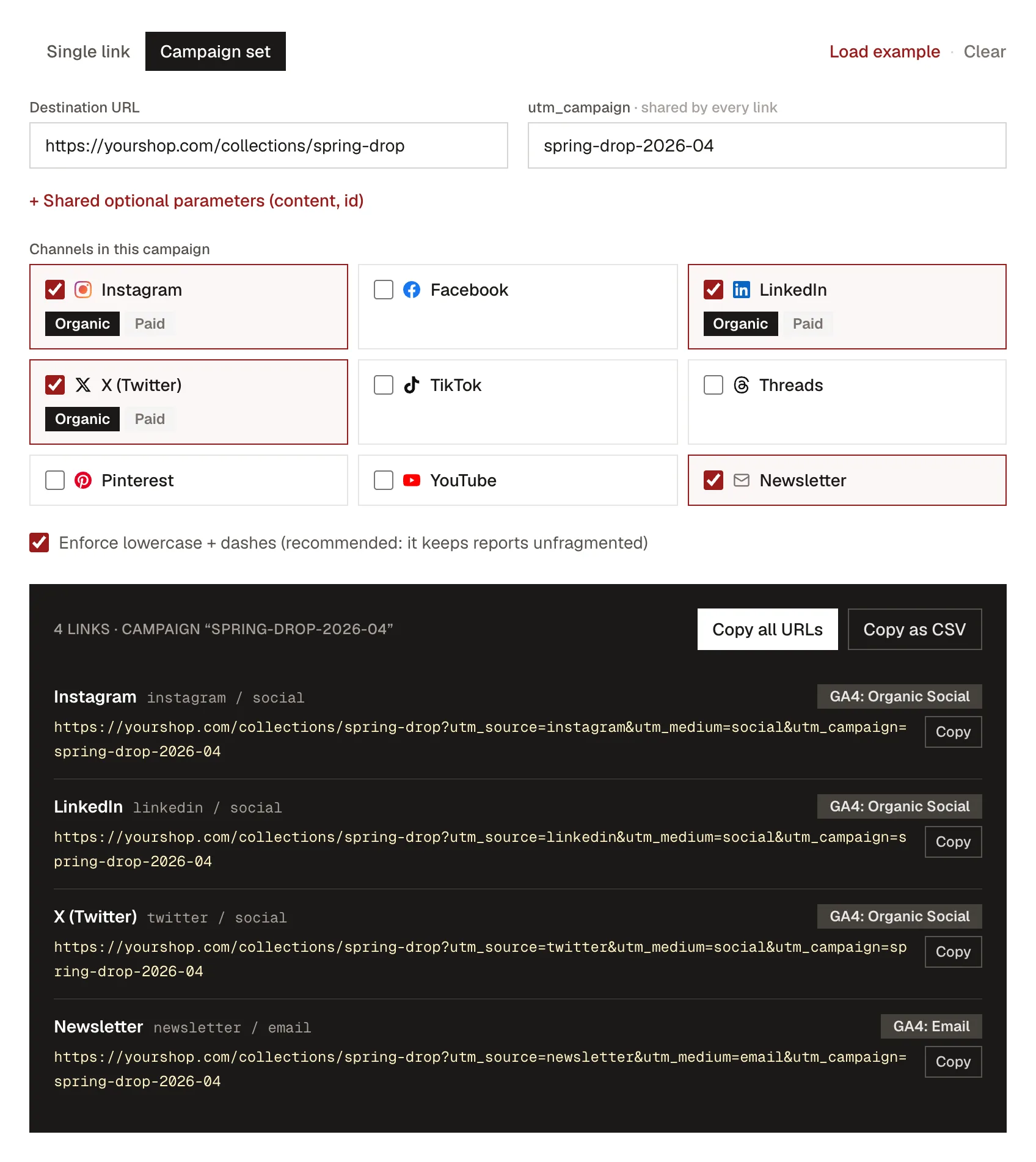 The Kadenzo UTM builder in campaign-set mode: Instagram, LinkedIn, X and Newsletter selected, producing four tagged links for one campaign, each labelled with the GA4 channel it will land in, Organic Social or Email.