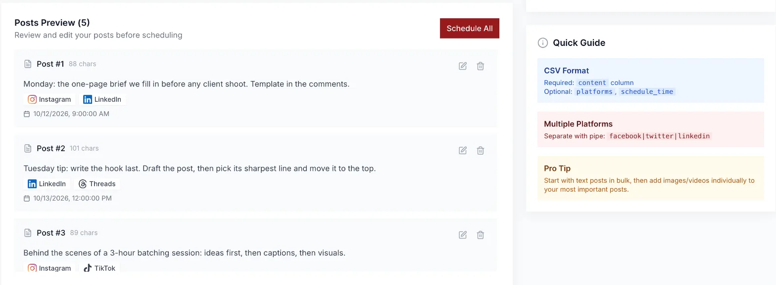 Kadenzo's bulk upload with a CSV import preview of five posts, each showing its text, character count, platforms such as Instagram, LinkedIn, Threads and TikTok, and a scheduled date and time, next to a quick guide to the CSV format.