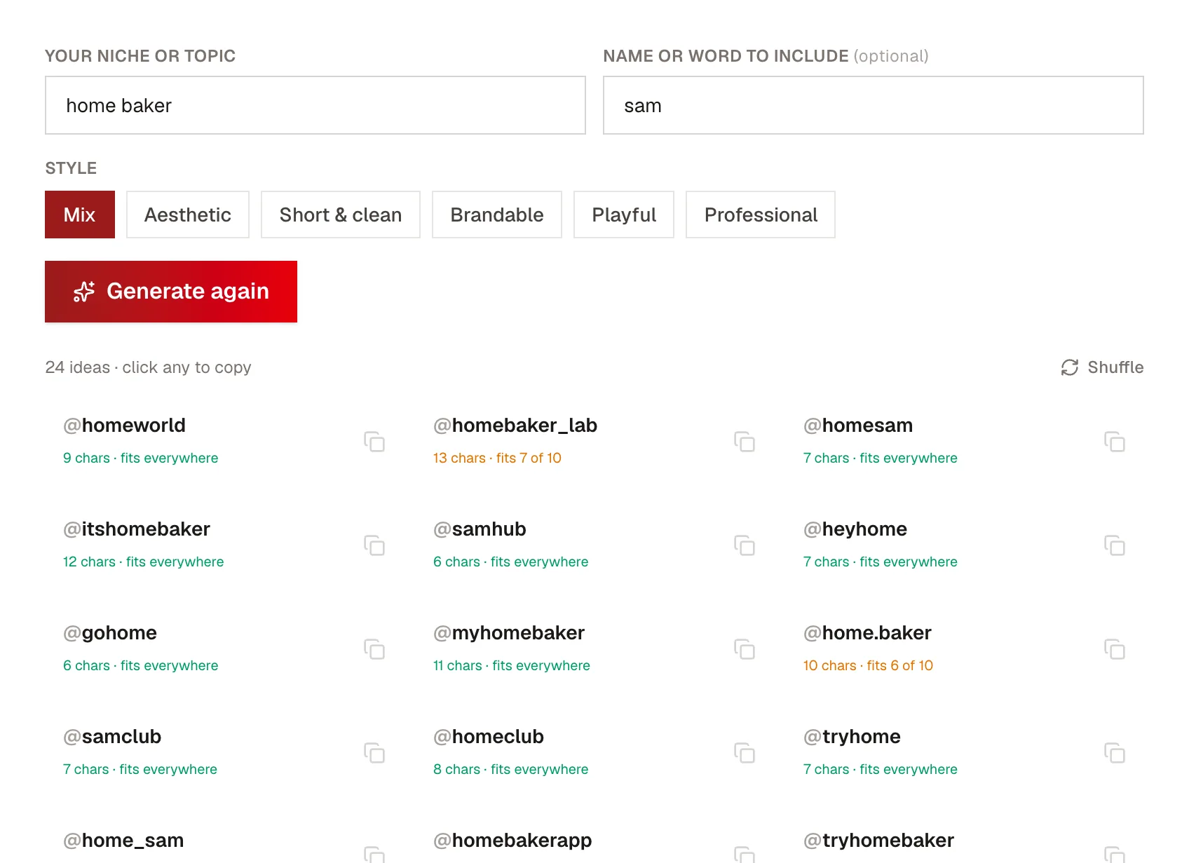 The Kadenzo username generator with the niche home baker and the name sam, showing ideas such as samhub, homebaker_lab and sam.home, each with a character count and how many of ten platforms it fits: short ones like samhub fit everywhere, while handles with a period, like home.baker, fit only 6 of 10.