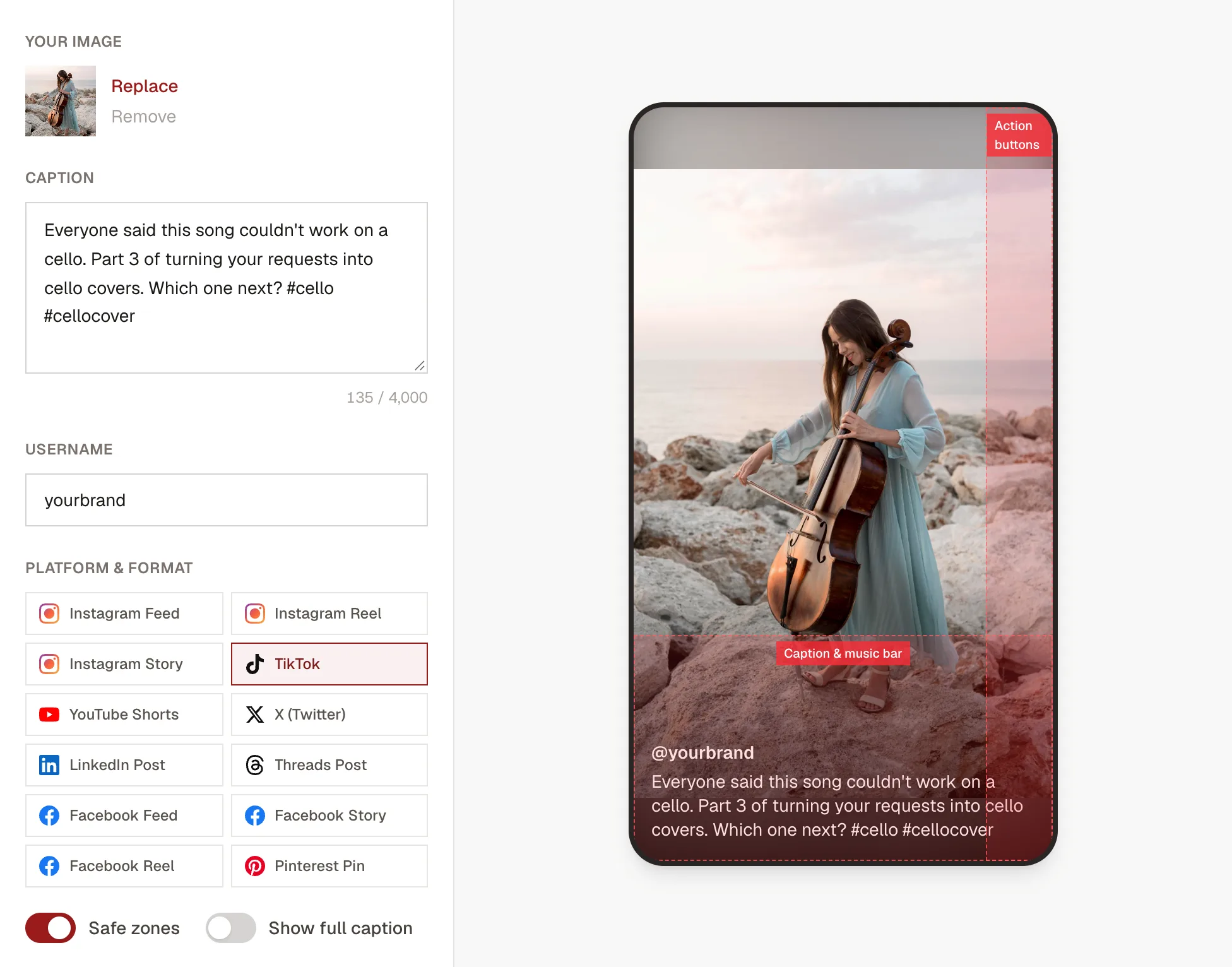 The Kadenzo post previewer showing a photo of a cellist playing on rocks by the sea in a TikTok frame, with the action buttons zone down the right edge and the caption and music bar zone across the bottom highlighted in red, and the caption Everyone said this song couldn't work on a cello. Part 3 of turning your requests into cello covers.