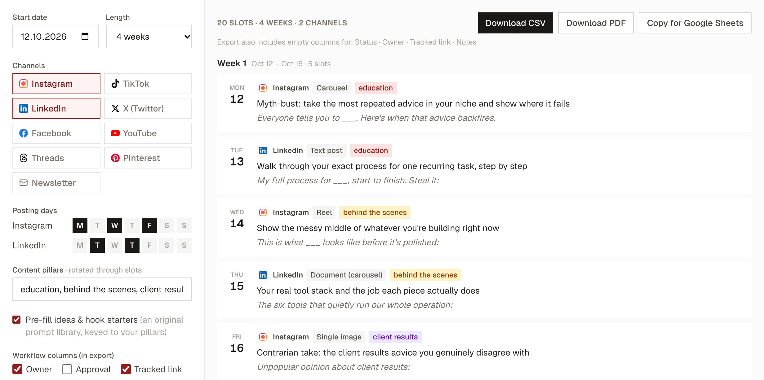 The Kadenzo content calendar template set up for Instagram on Monday, Wednesday and Friday and LinkedIn on Tuesday and Thursday, generating a dated week of slots with format, pillar, idea and hook starter, and buttons to download CSV or PDF or copy for Google Sheets.
