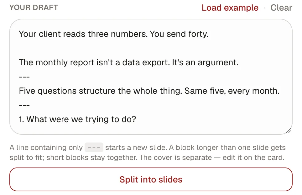 The draft box of the Kadenzo LinkedIn carousel maker with a few lines of text separated by lines of three dashes, and a Split into slides button below.