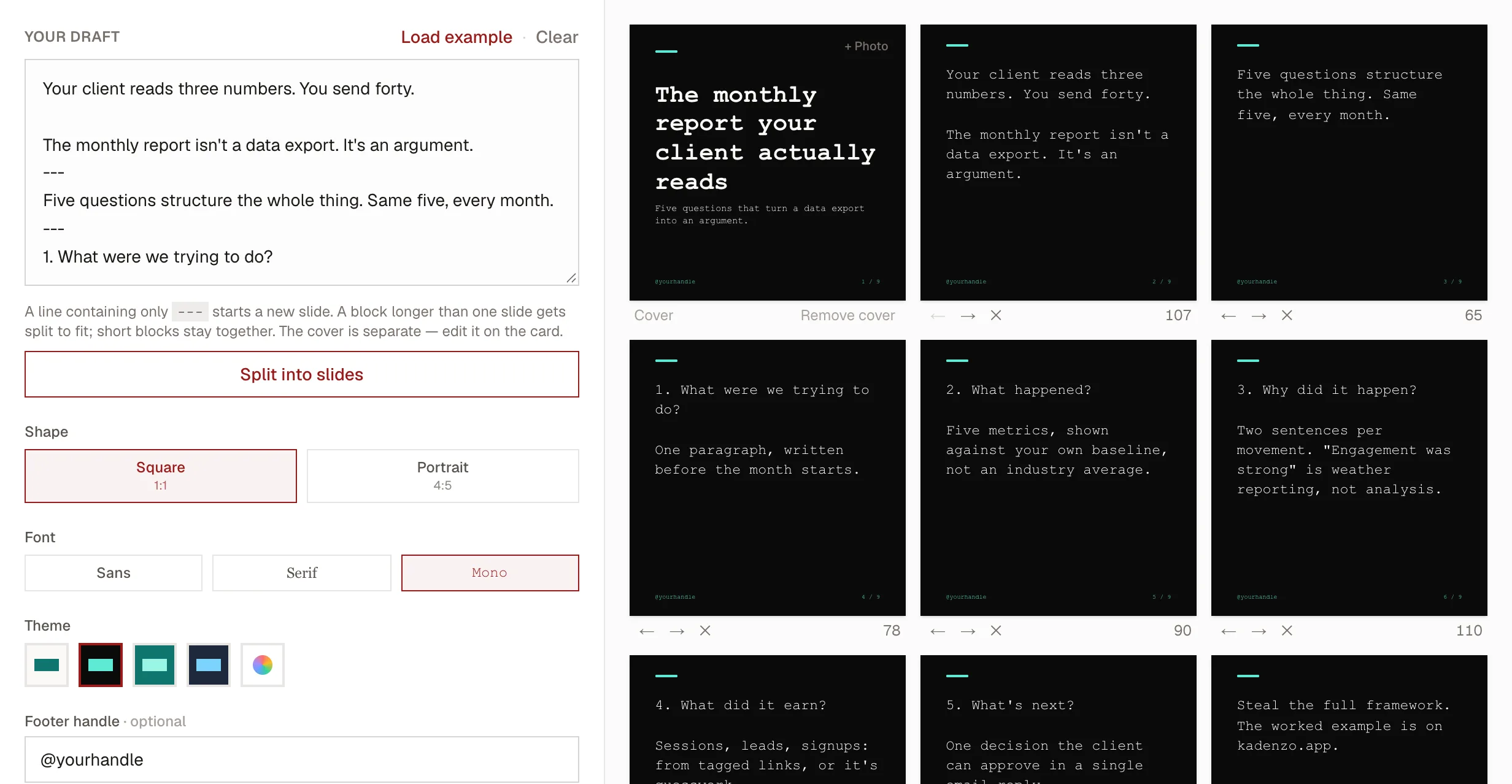 The Kadenzo LinkedIn carousel maker: a draft on the left with three-dash lines marking slide breaks, shape, font and theme options, and on the right a cover slide followed by numbered square slides, each with a character count.
