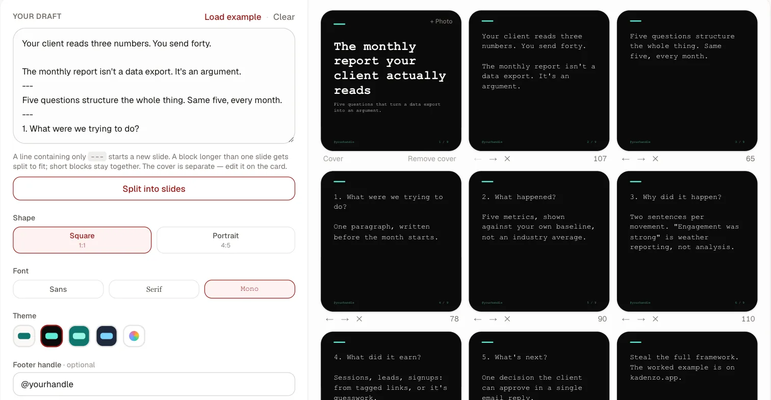 The Kadenzo LinkedIn carousel maker: a draft on the left with three-dash lines marking slide breaks, shape, font and theme options, and on the right a cover slide followed by numbered square slides, each with a character count.