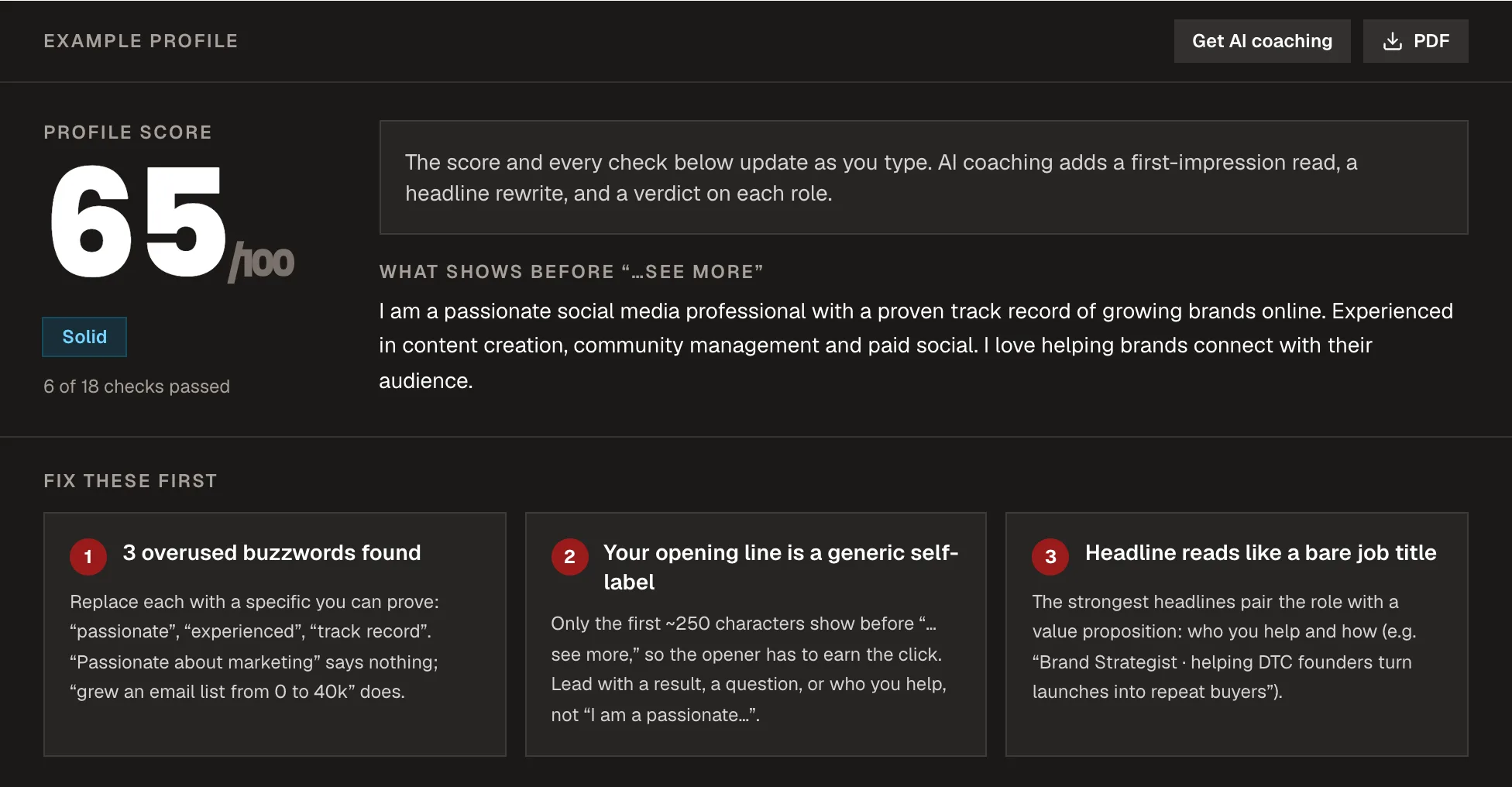 The Kadenzo LinkedIn profile optimizer scoring an example profile 65 out of 100, showing the About text visible before the see more fold, and three fixes: overused buzzwords, a generic self-label opening line, and a headline that reads like a bare job title.