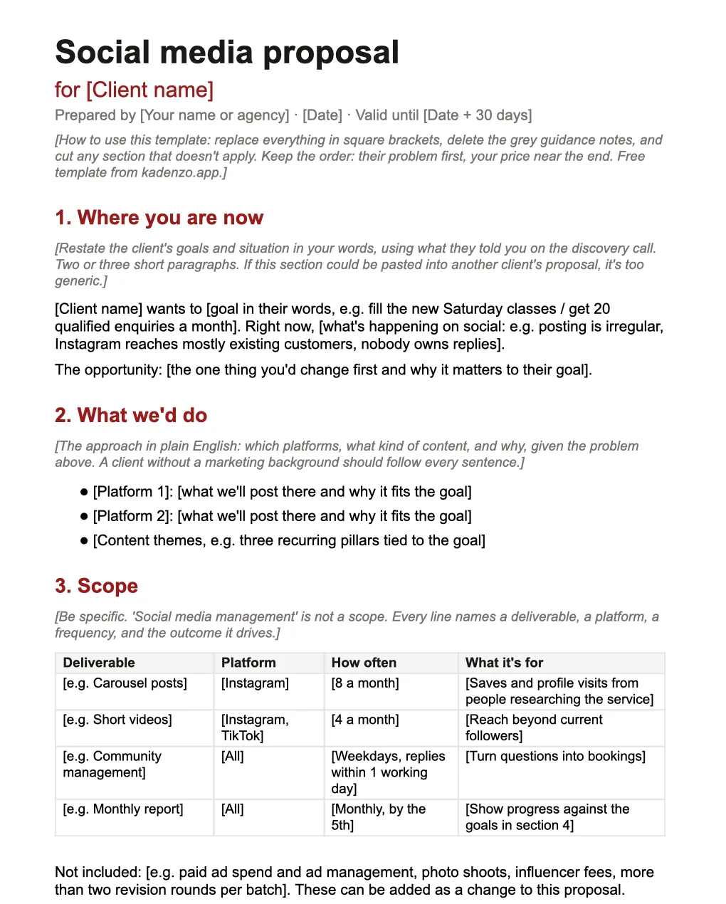 The first page of the Kadenzo social media proposal template: a title for the client name, a prepared-by line, sections for where the client is now and what you'd do, and a scope table with columns for deliverable, platform, how often and what it's for, followed by a not-included line.