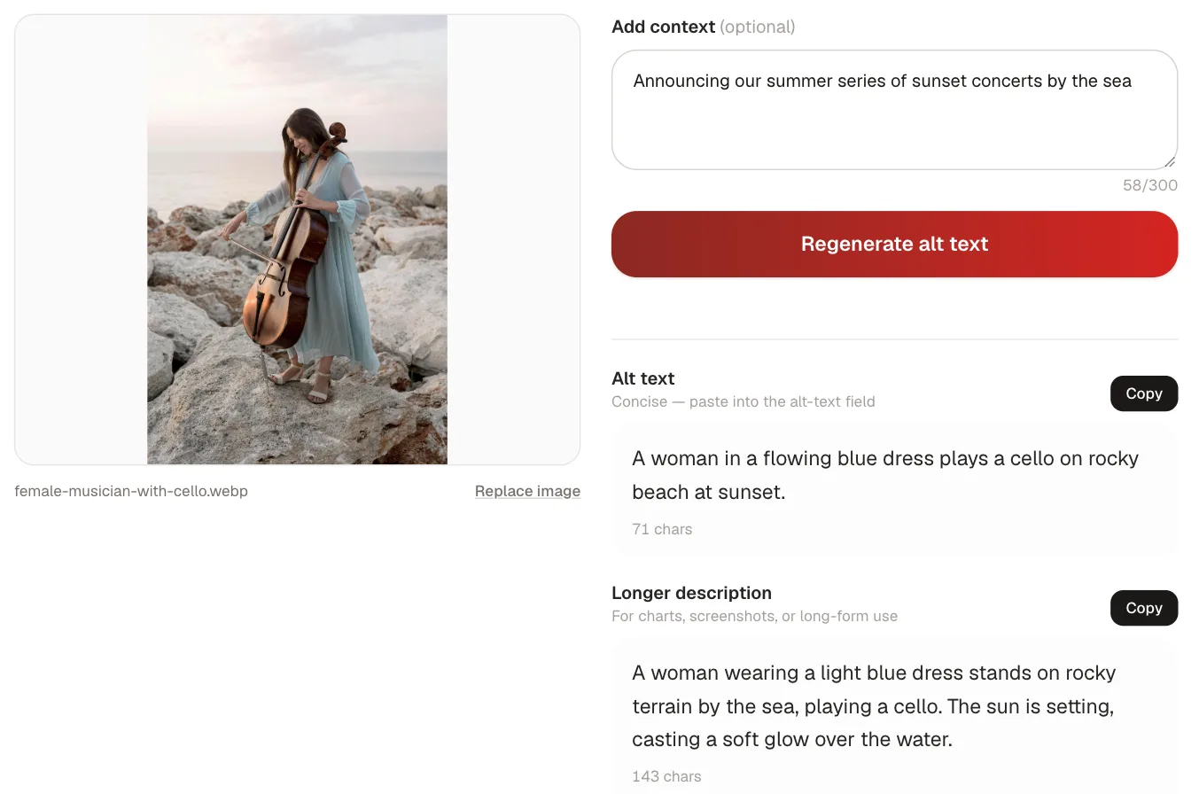 The Kadenzo alt-text generator with a photo of a woman playing a cello on a rocky shore at sunset, a context note about a summer concert series, a 71-character concise alt text and a 143-character longer description.