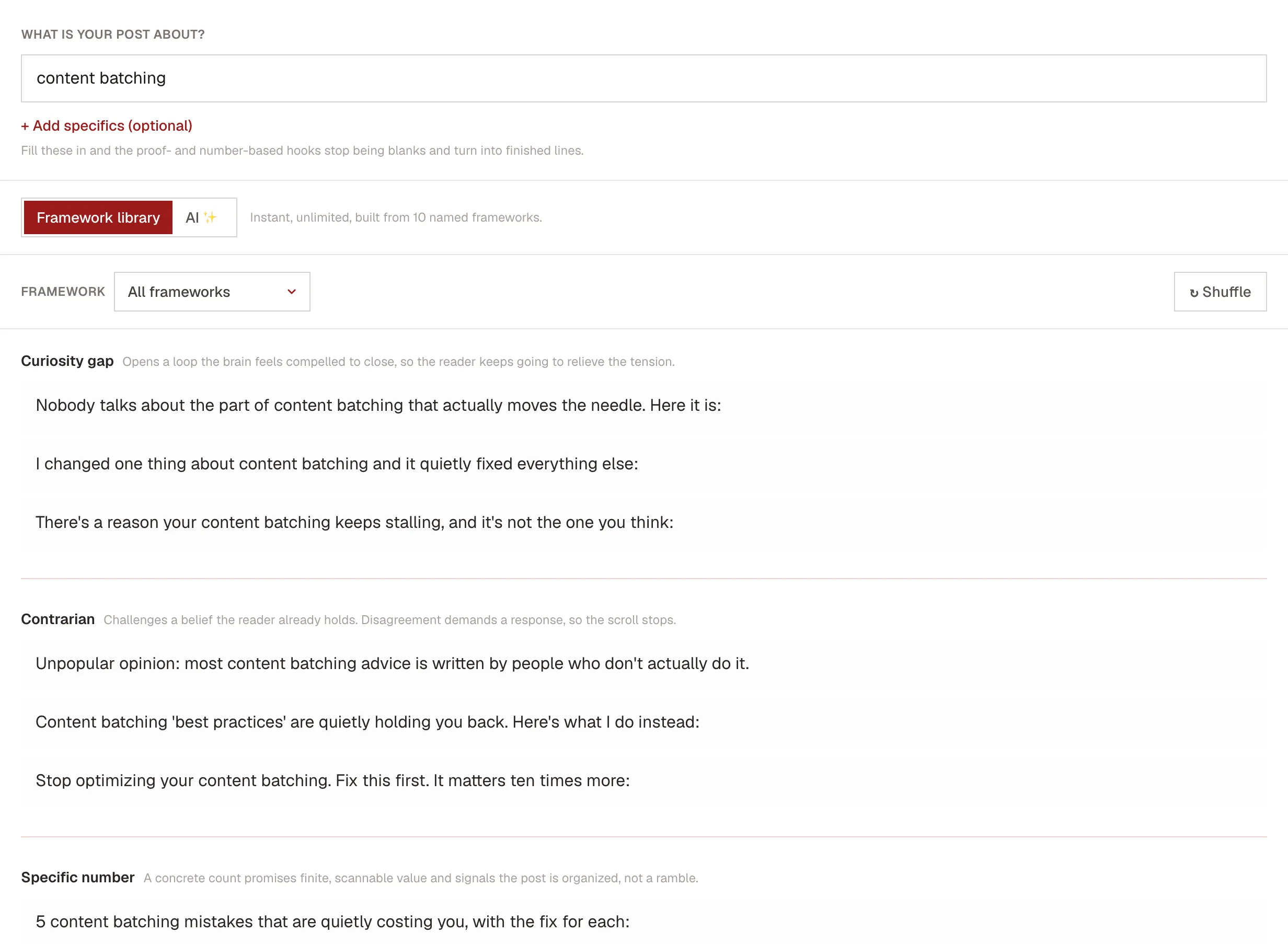 The Kadenzo hook generator with the topic content batching in framework mode, listing hooks grouped by framework (curiosity gap, contrarian, specific number) with a one-line note on why each pattern stops the scroll.