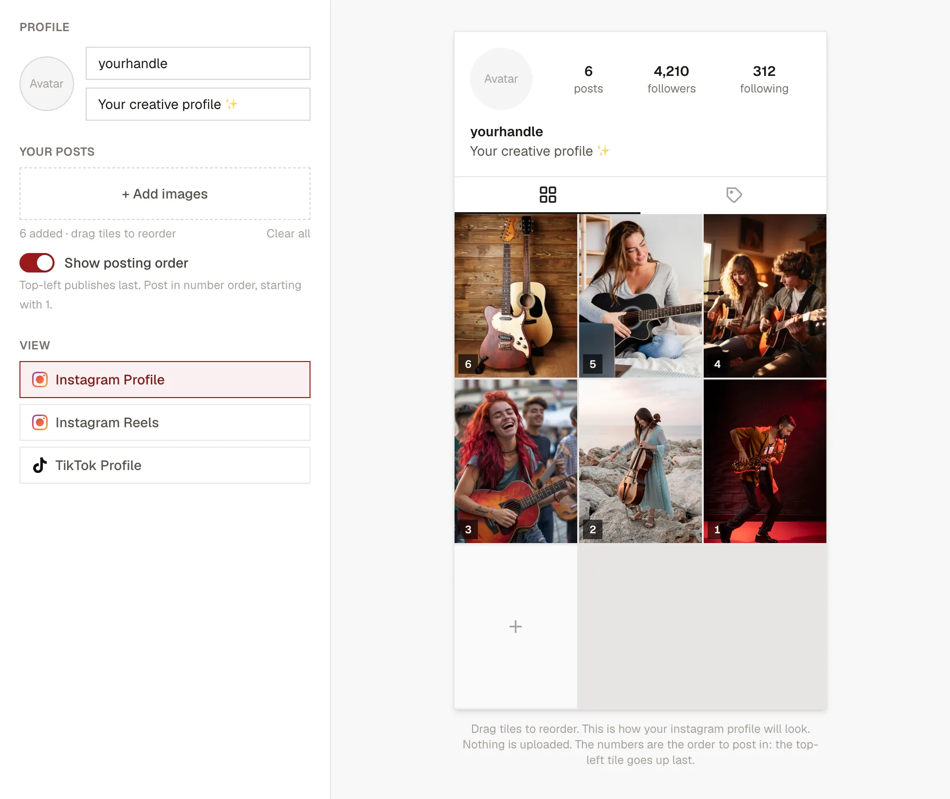 The Kadenzo grid planner previewing six musician photos as an Instagram profile grid, two rows of three in tall portrait tiles, with options to switch to a Reels or TikTok profile view.
