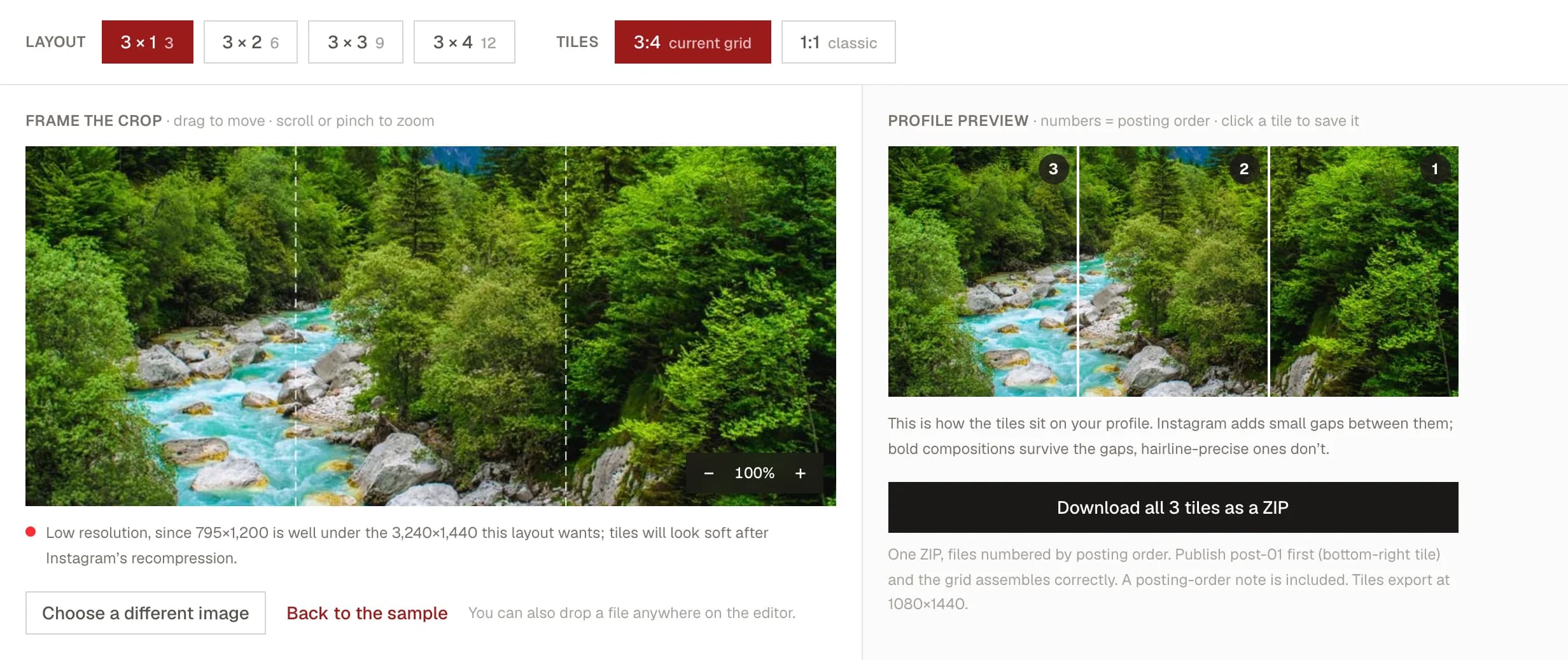 The Kadenzo grid splitter cutting one landscape photo of a river into three 3:4 tiles for a header row, with each tile numbered in posting order from 3 on the left to 1 on the right.