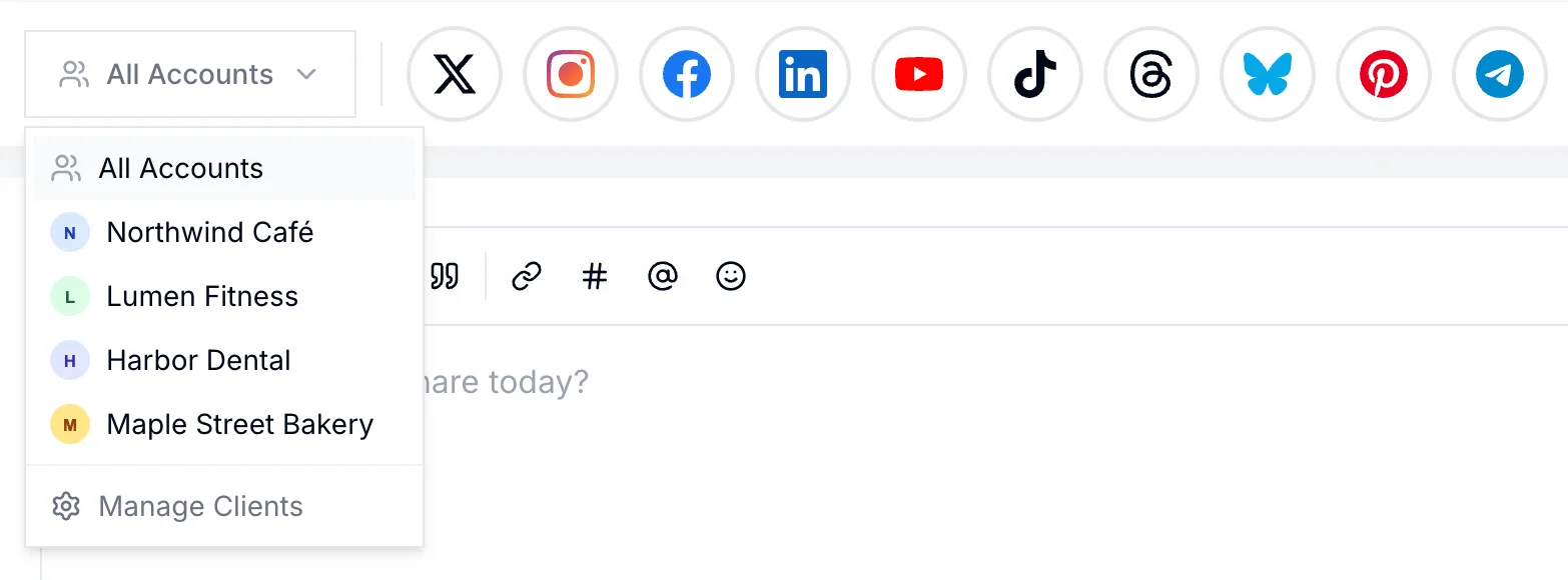 The Kadenzo post composer with the account picker open, listing All Accounts, four demo clients (Northwind Café, Lumen Fitness, Harbor Dental, Maple Street Bakery) and Manage Clients.