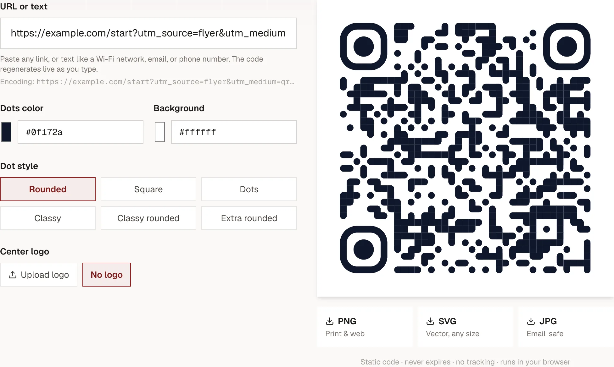 The Kadenzo QR code generator encoding a UTM-tagged link with utm_source=flyer, utm_medium=qr and utm_campaign=spring, with dot color, background, dot style and logo options and PNG, SVG and JPG downloads.