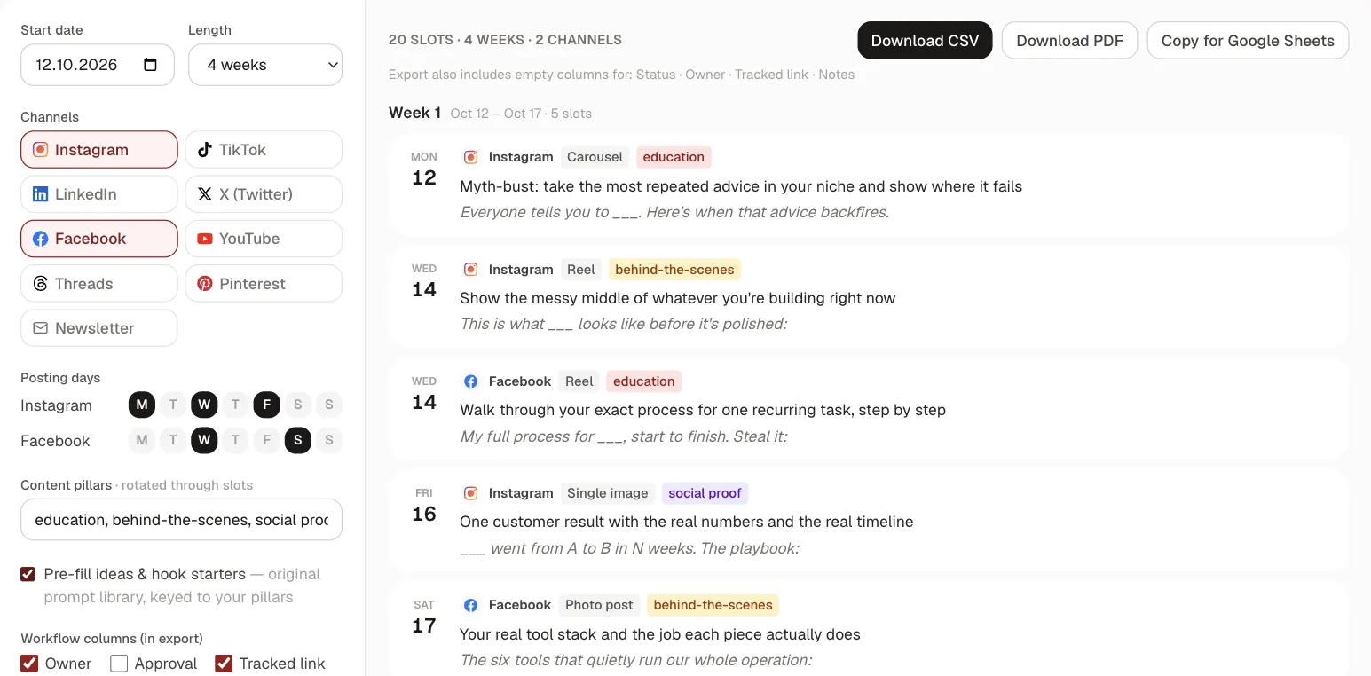 The Kadenzo content calendar template set to four weeks with Instagram posting Monday, Wednesday and Friday and Facebook posting Wednesday and Saturday, showing week one with five slots, each with a format, a pillar tag, a starter idea and a hook, plus buttons to download as CSV or PDF or copy for Google Sheets.