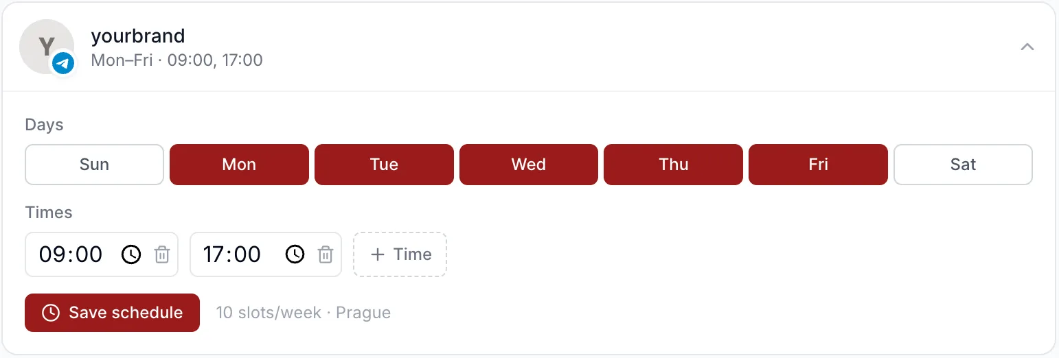 A Kadenzo posting schedule for one account: Monday to Friday selected, slots at 09:00 and 17:00, and the note 10 slots per week, Prague.