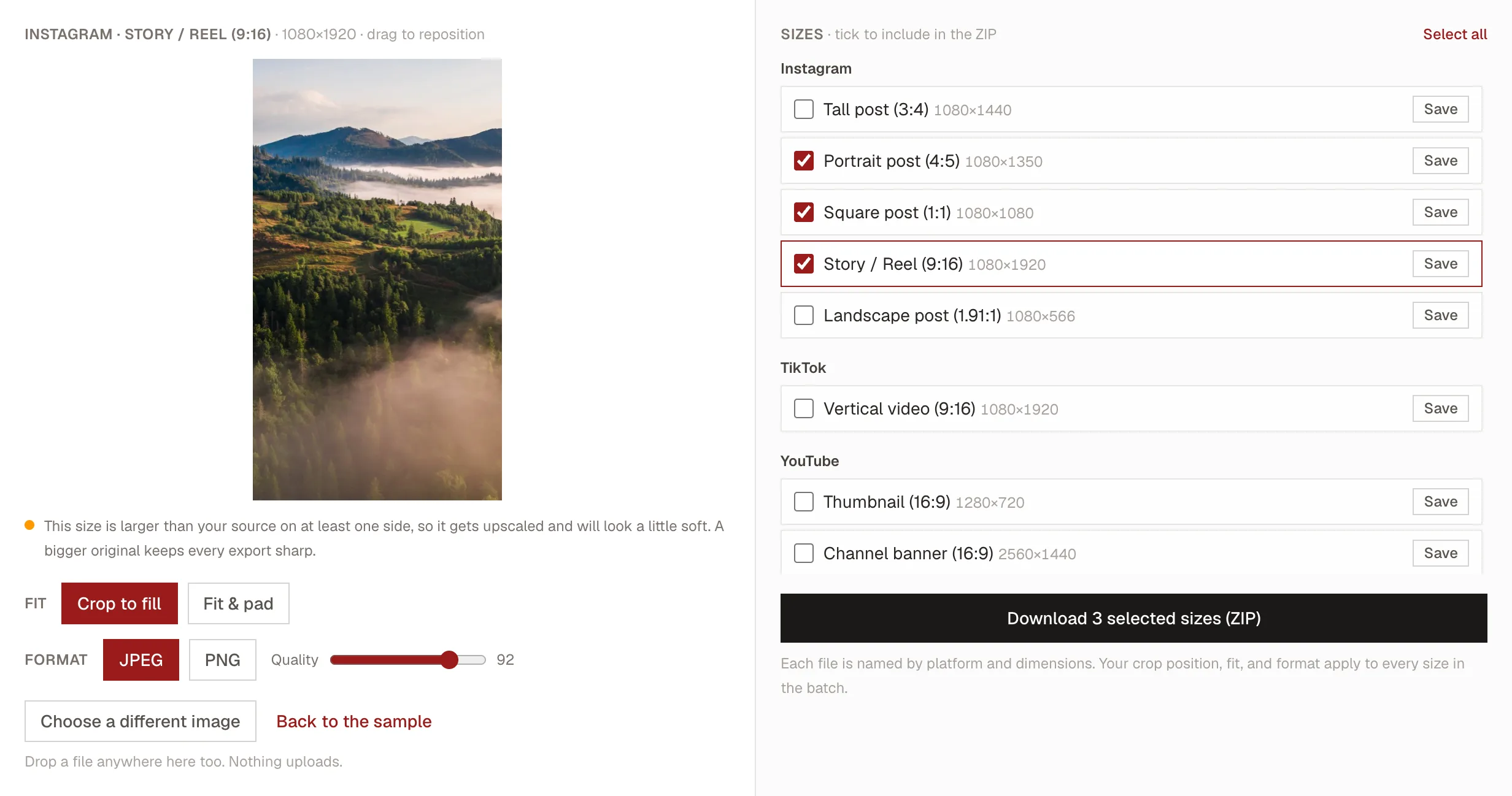 The Kadenzo image resizer showing a wide landscape photo cropped to a 9:16 Story frame, with Instagram, TikTok and YouTube sizes listed for batch download and a warning that the size is larger than the source.