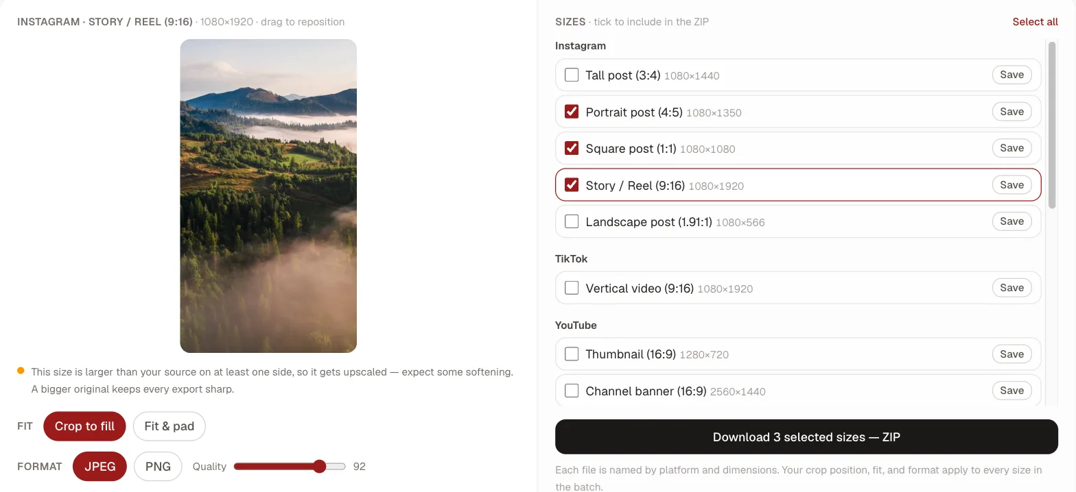 The Kadenzo image resizer showing a wide landscape photo cropped to a 9:16 Story frame, with Instagram, TikTok and YouTube sizes listed for batch download and a warning that the size is larger than the source.