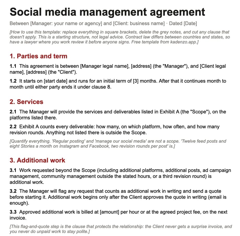 The first page of the Kadenzo social media management agreement template: parties and term, services pointing to an Exhibit A scope table, and an additional-work clause that requires out-of-scope requests to be flagged and quoted in writing before work starts.
