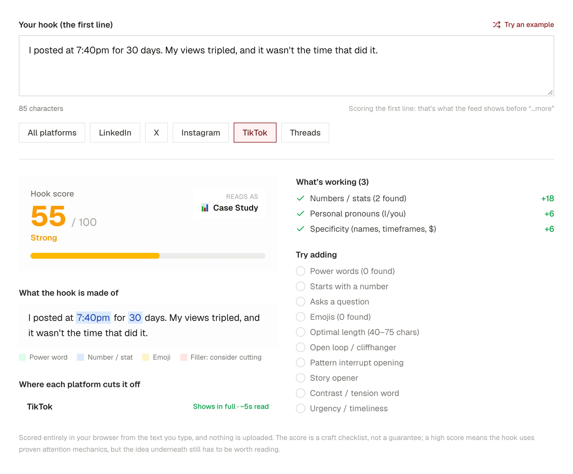 The Kadenzo hook checker scoring the TikTok hook I posted at 7:40pm for 30 days, my views tripled, and it wasn't the time that did it, at 55 out of 100, reading as a case study, with numbers and specificity working and a note that it shows in full on TikTok in about five seconds.